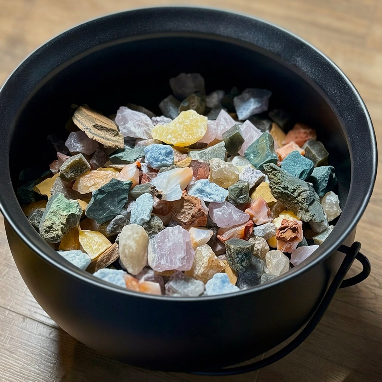 A black metal bucket filled with assorted raw gemstones and crystals in various colors, placed on a wooden surface.