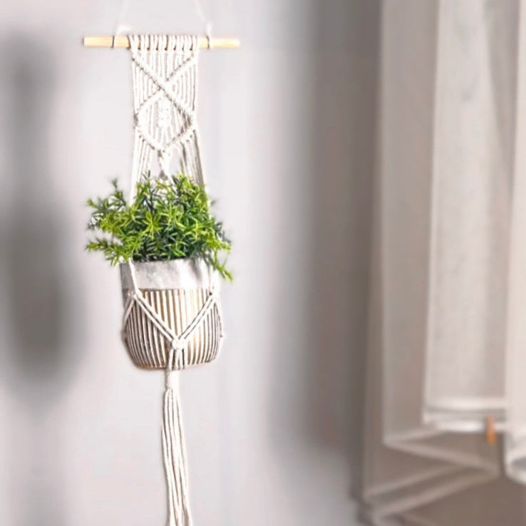 Macrame Plant Hanger | White + Wood