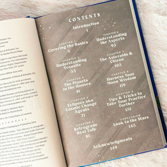 Contents page of the book "Mercury in Retrograde" on a white background