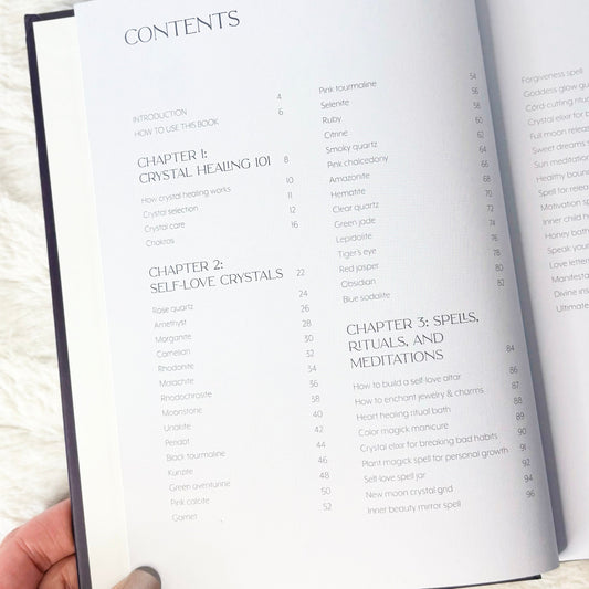 Contents age of the book "Self-Love Crystals" on a white background