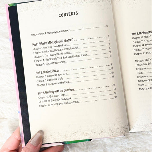 Contents page of the book "Metaphysical AF" on a white background