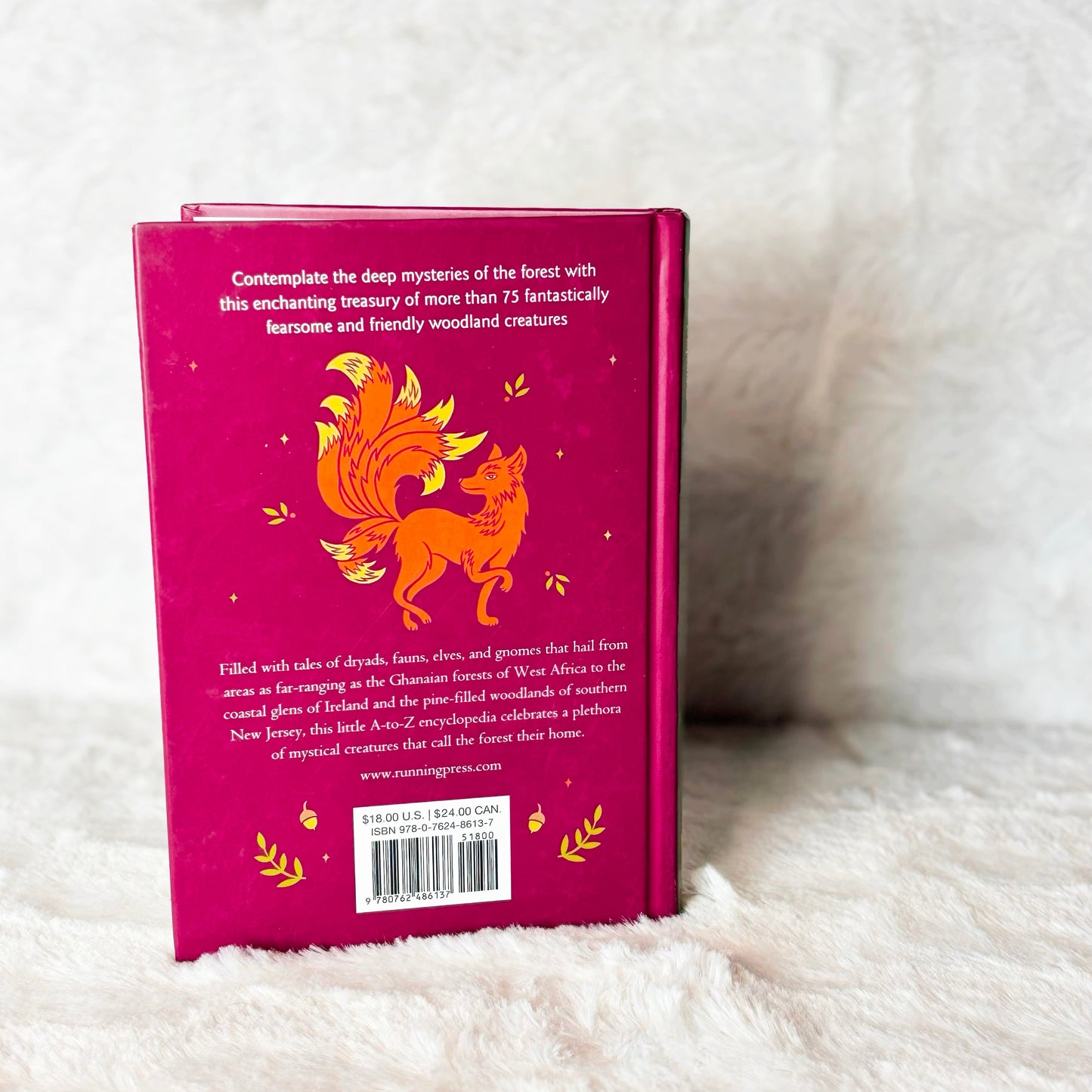 Back of the book "The Little Encyclopedia of Enchanted Woodland Creatures" on a white background