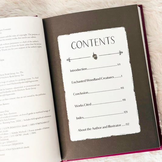 Contents page of the book "The Little Encyclopedia of Enchanted Woodland Creatures" on a white background