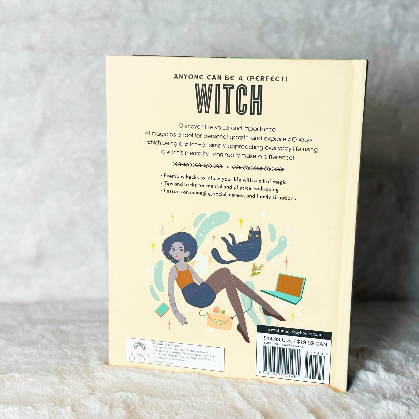 Back of the book "Anyone Can Be a (Perfect) Witch" on a white background