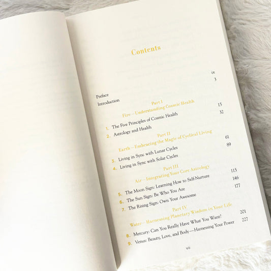 Contents page of the book "Cosmic Health" on a white background