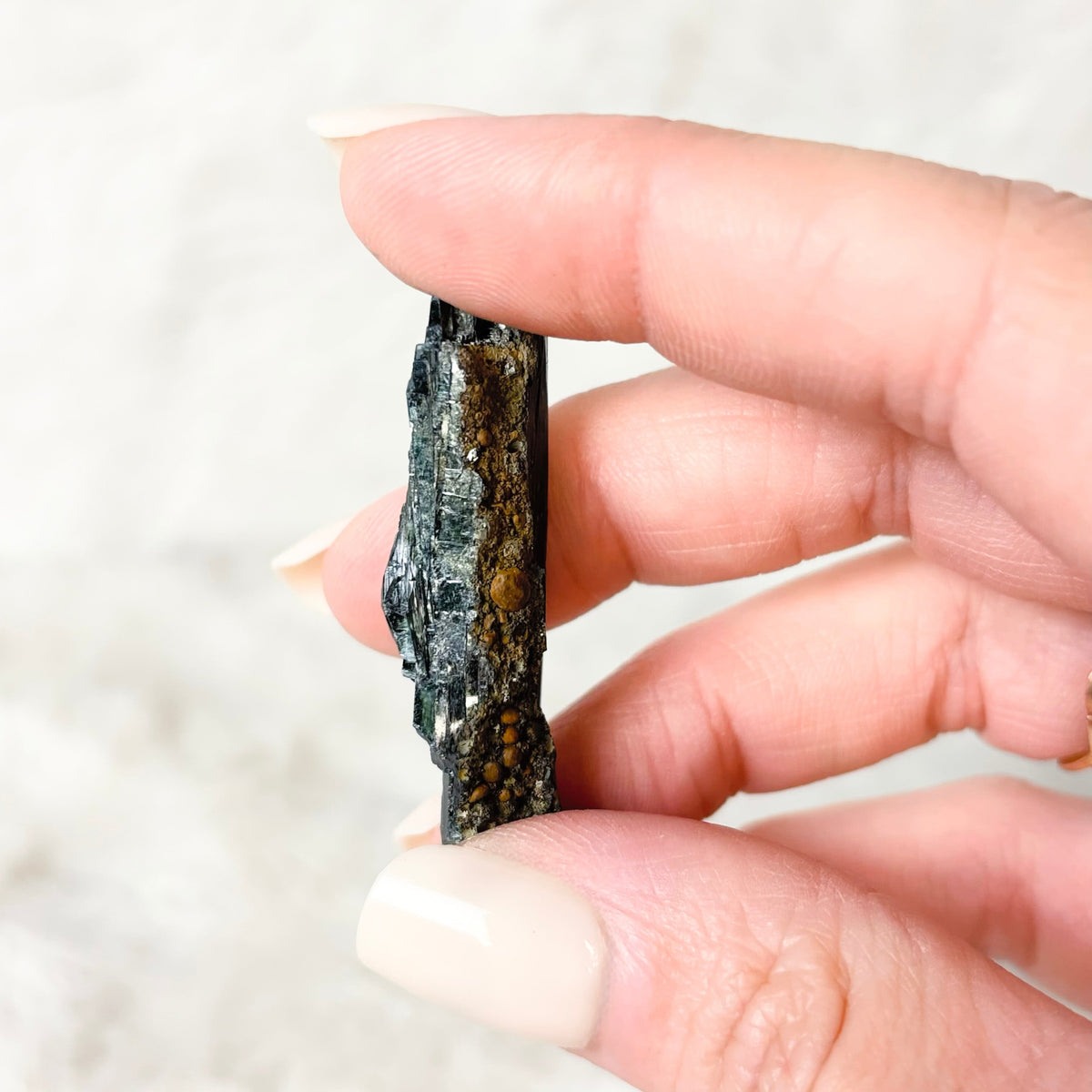 Hand holding a Vivianite specimen on a white background