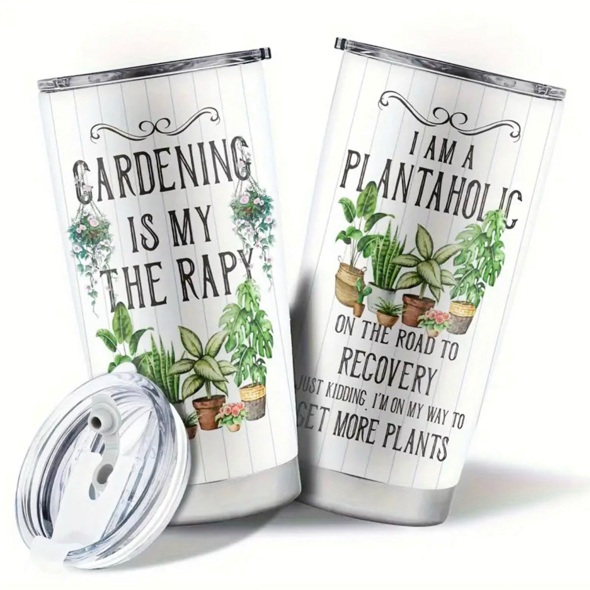 Two tumblers with plant-themed designs and text on a white background
