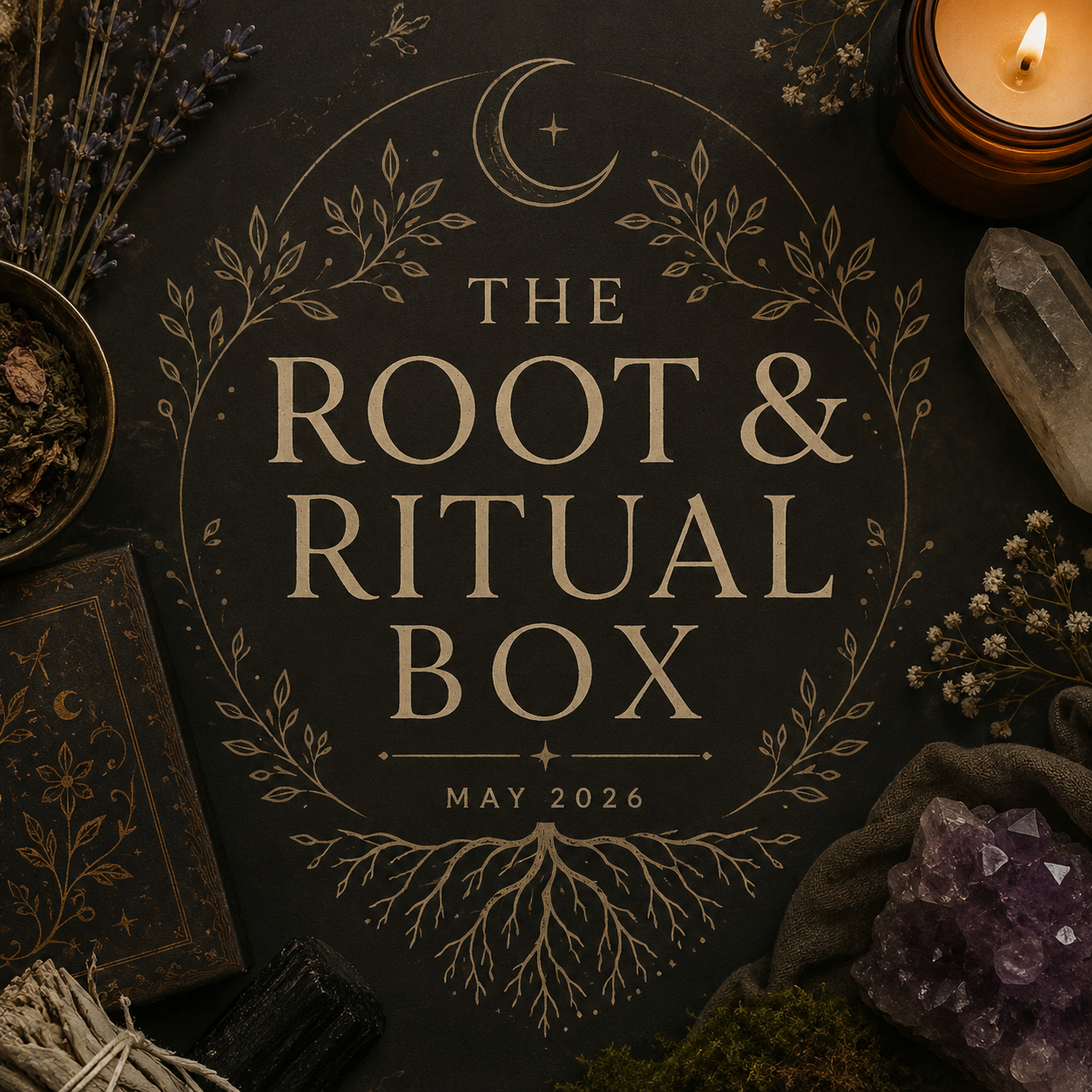 A description of The Root & Ritual Box for May 2026 surrounded by a candle, herbs, and crystals.