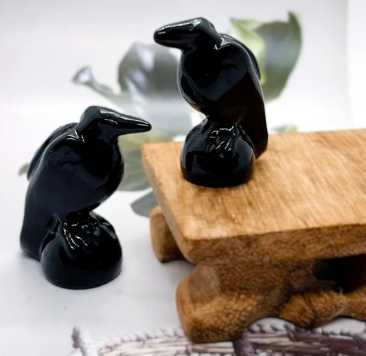 Natural Obsidian Stone Perched Raven-Polished