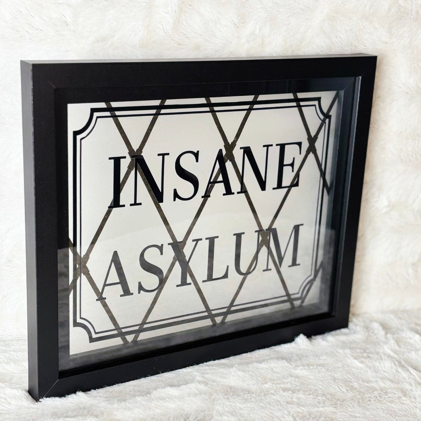 Framed sign with 'INSANE ASYLUM' text on a textured white background