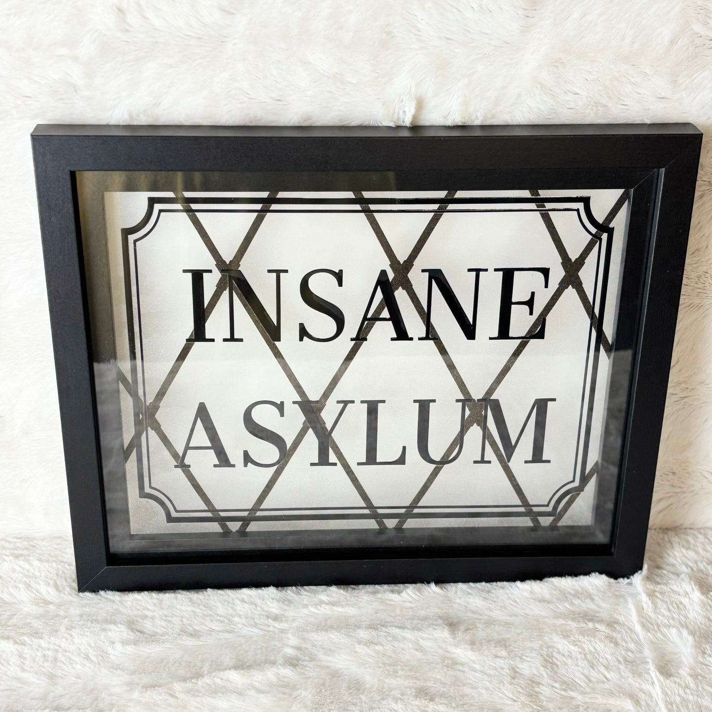 Framed sign with 'INSANE ASYLUM' text on a textured white background