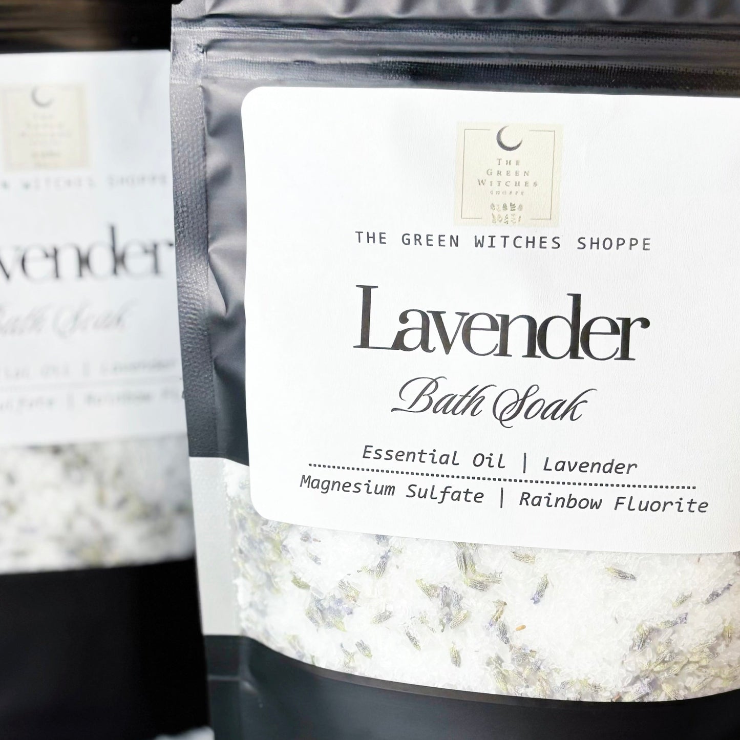 Two packages of Lavender Bath Soak from The Green Witches Shoppe on a white background