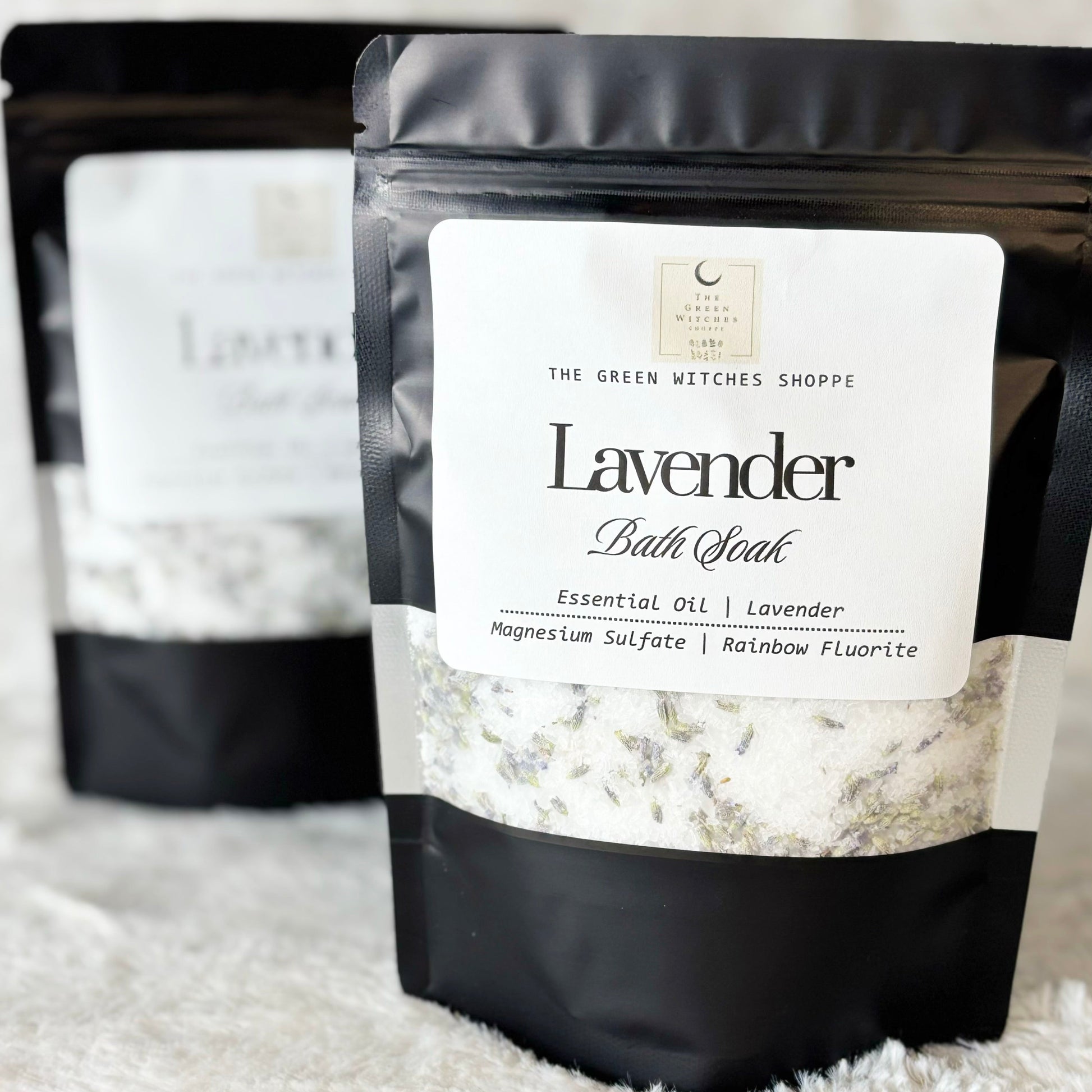 Lavender bath soak packaging with a label on a white background