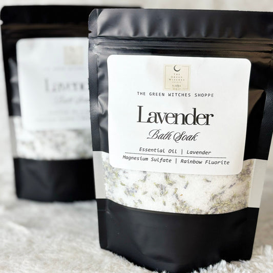 Lavender bath soak packaging with a label on a white background