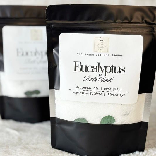 Eucalyptus bath soak packaging with a label on a white background