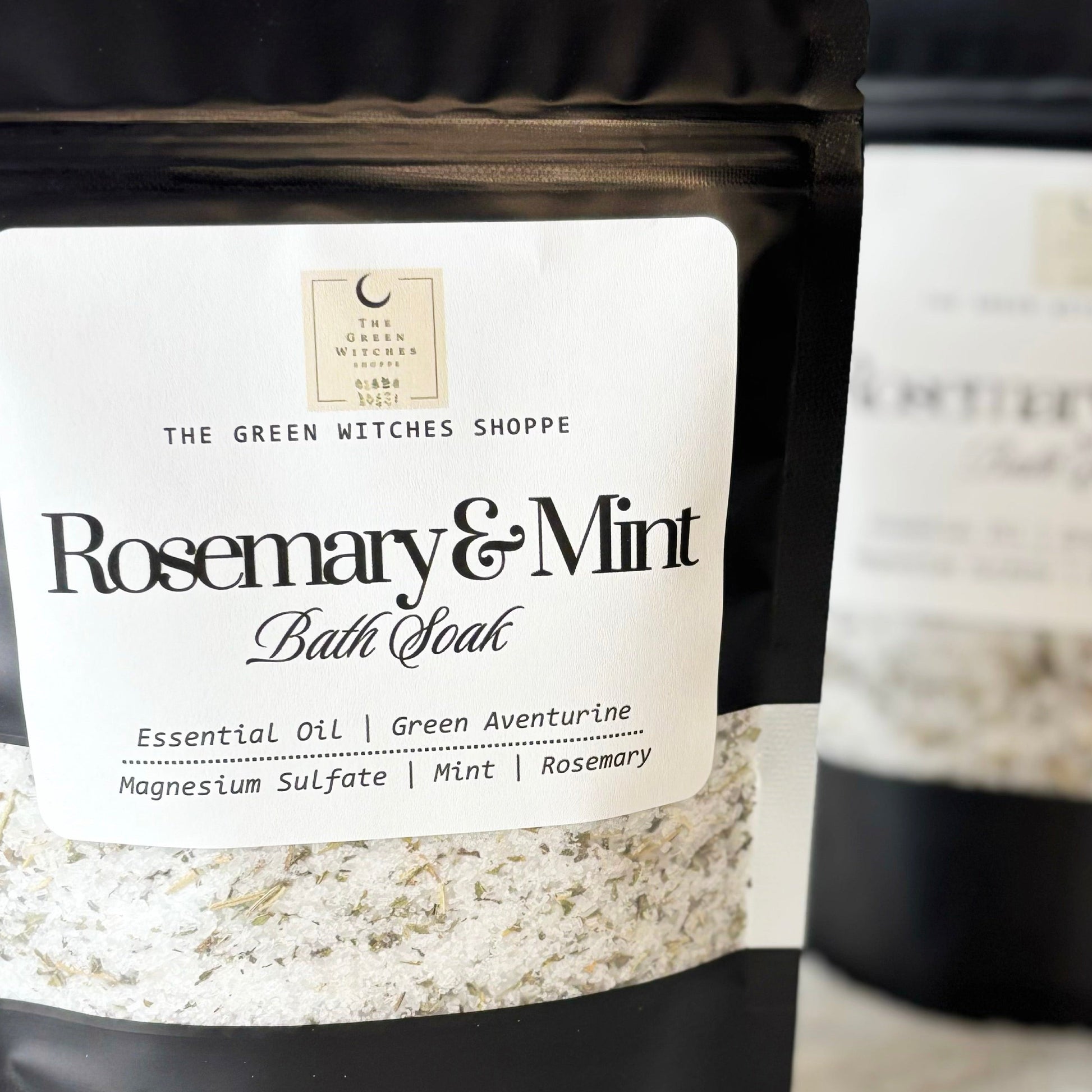 Bag of Rosemary & Mint Bath Soak from The Green Witches Shoppe on a white background