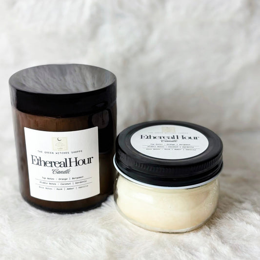Two candles from 'Ethereal Hour' on a white surface