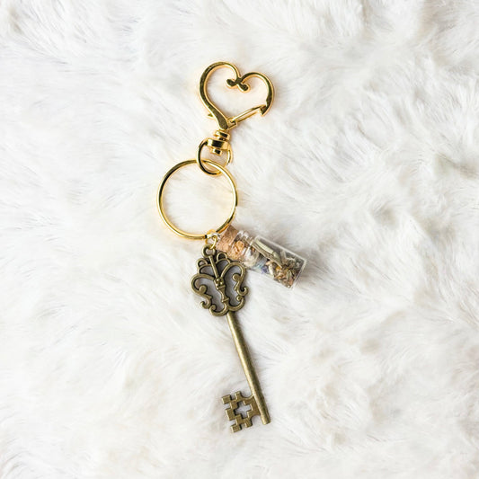 Keychain with heart-shaped key and decorative elements on a white fur background
