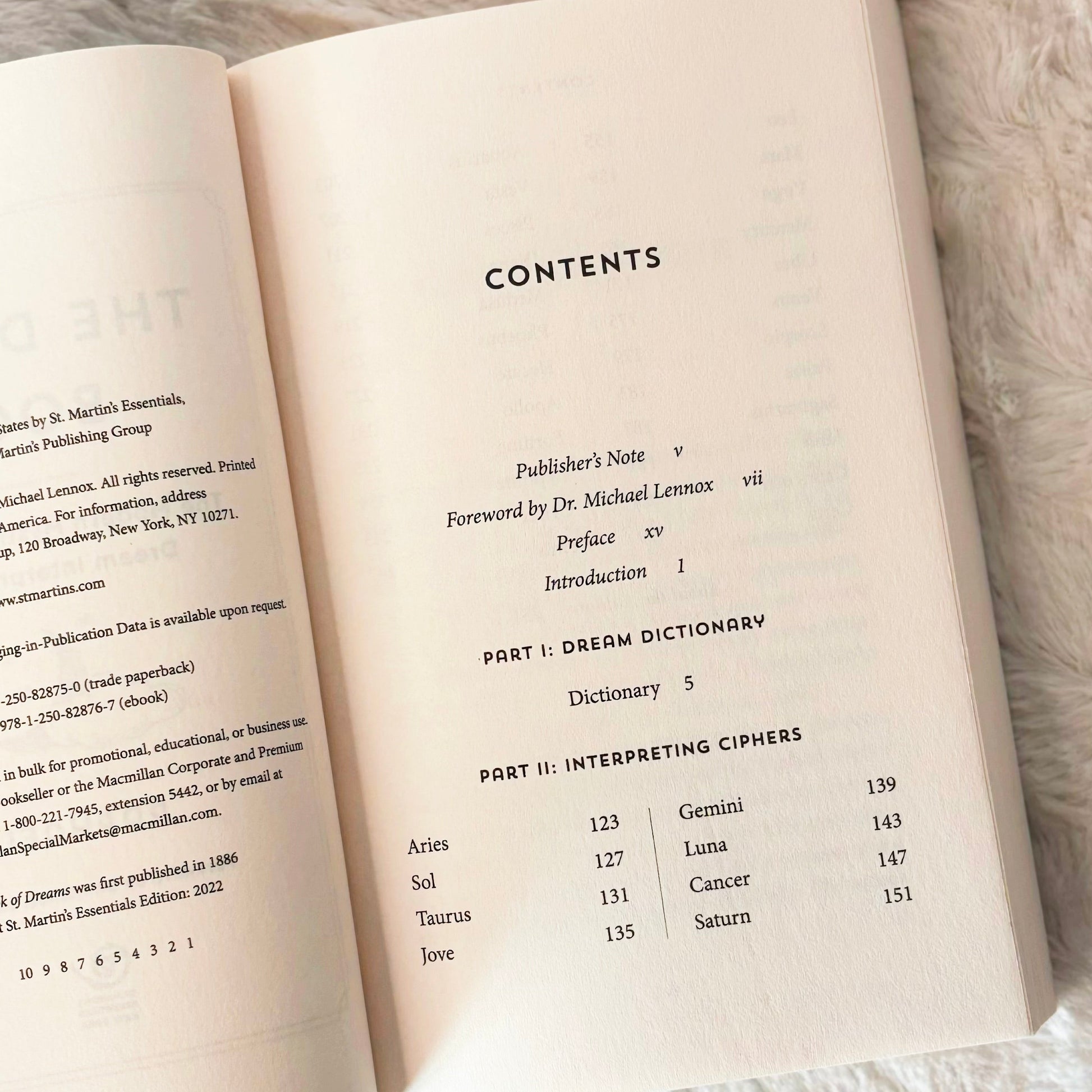 Contents page of the book "The Dream Book" on a white background