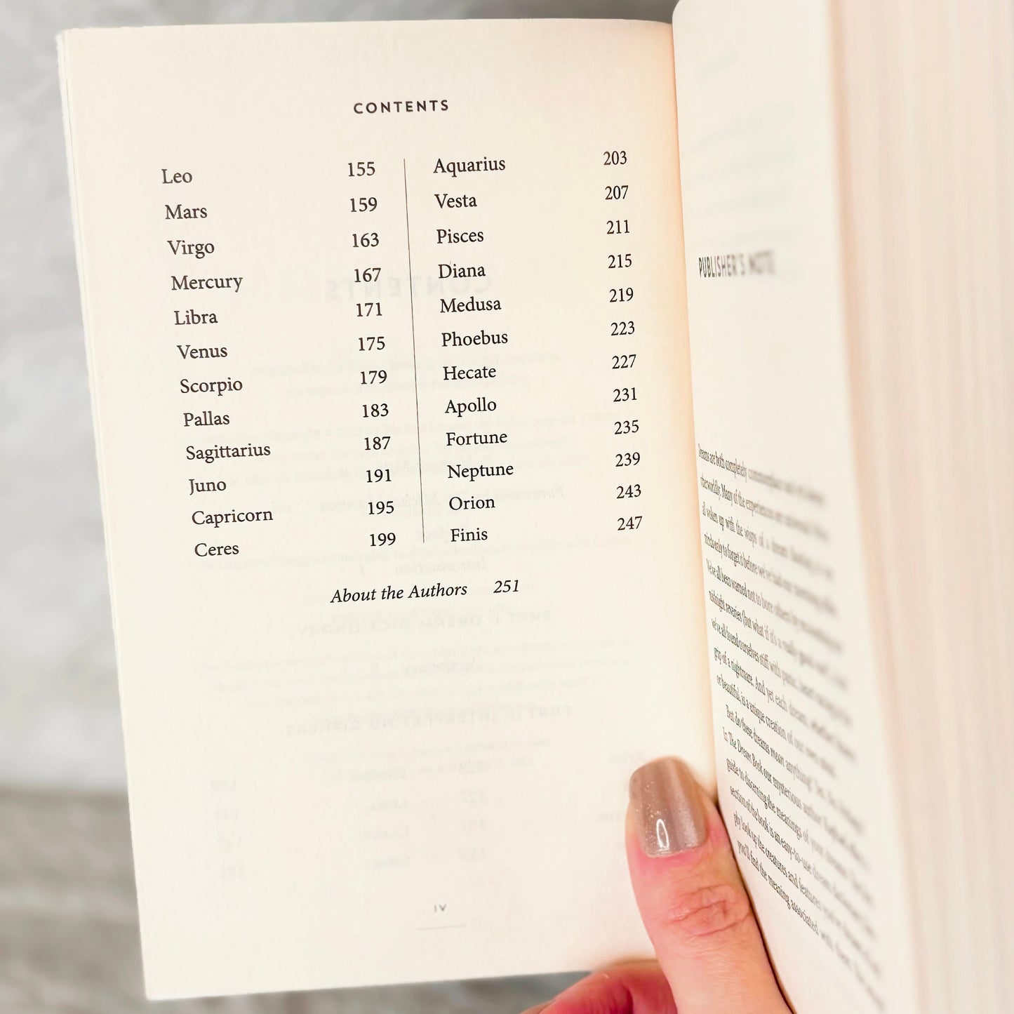 Contents page of the book "The Dream Book" on a white background