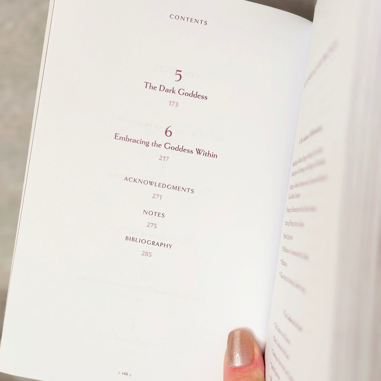 Contents page of the book "Goddess Energy" on a white background