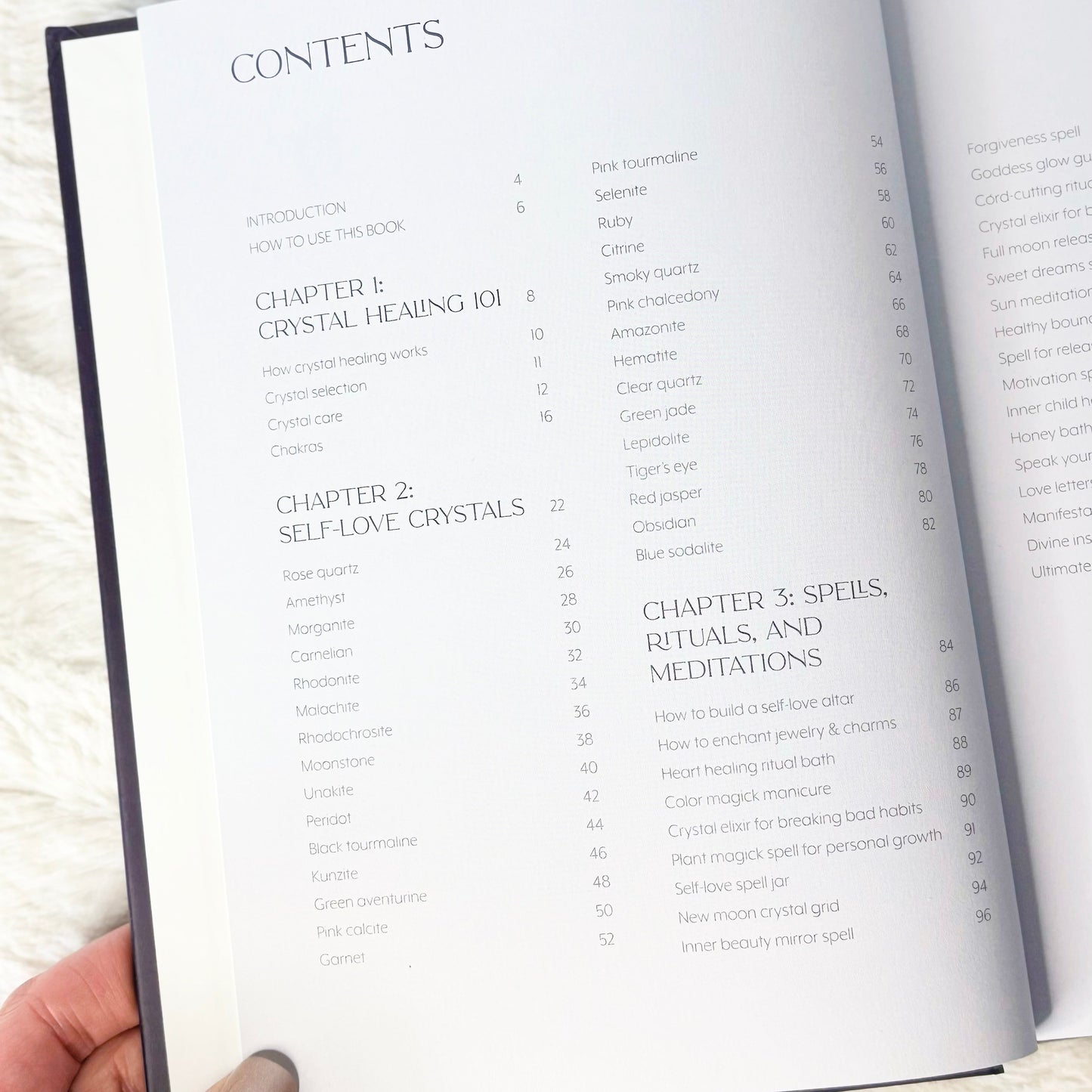 Contents age of the book "Self-Love Crystals" on a white background