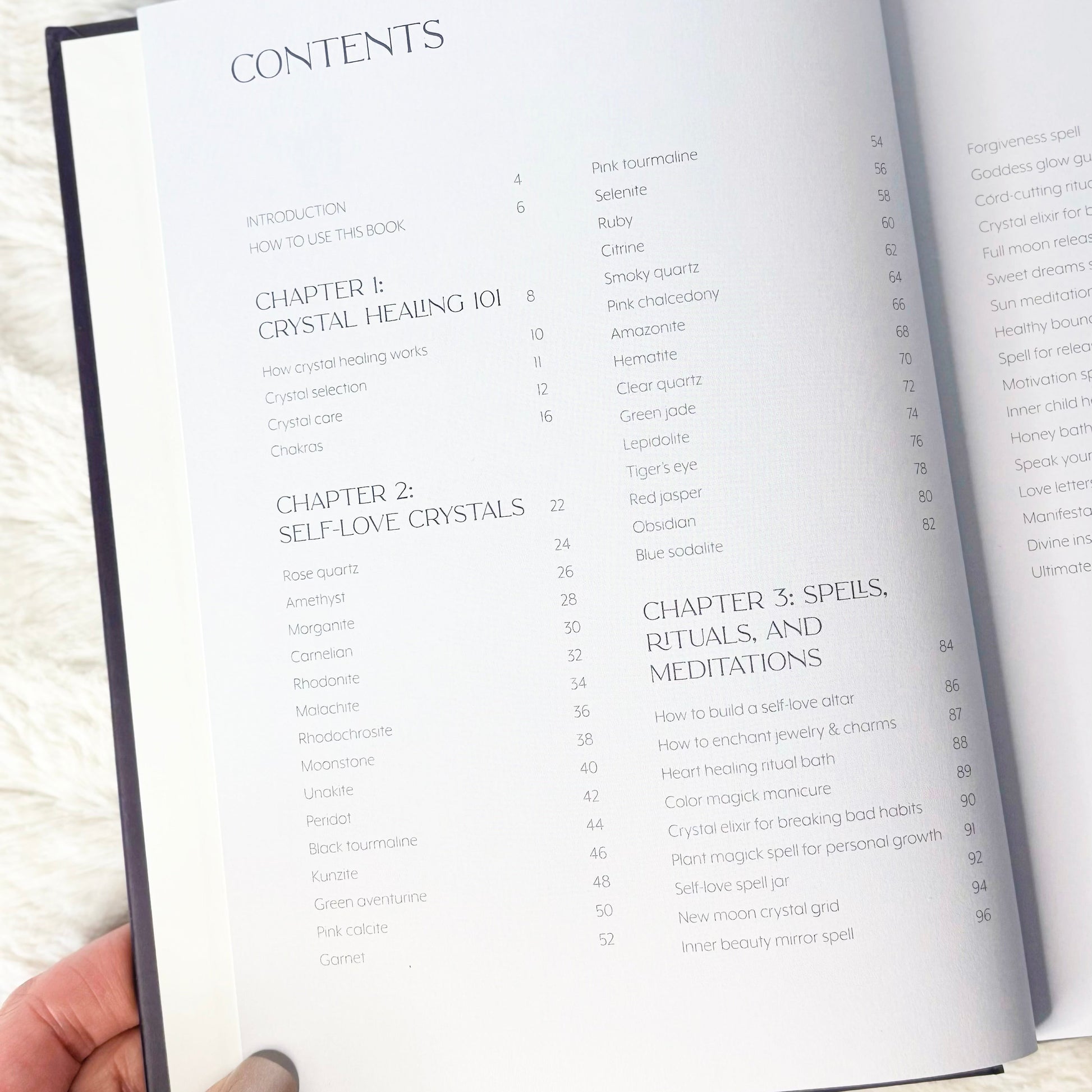 Contents age of the book "Self-Love Crystals" on a white background