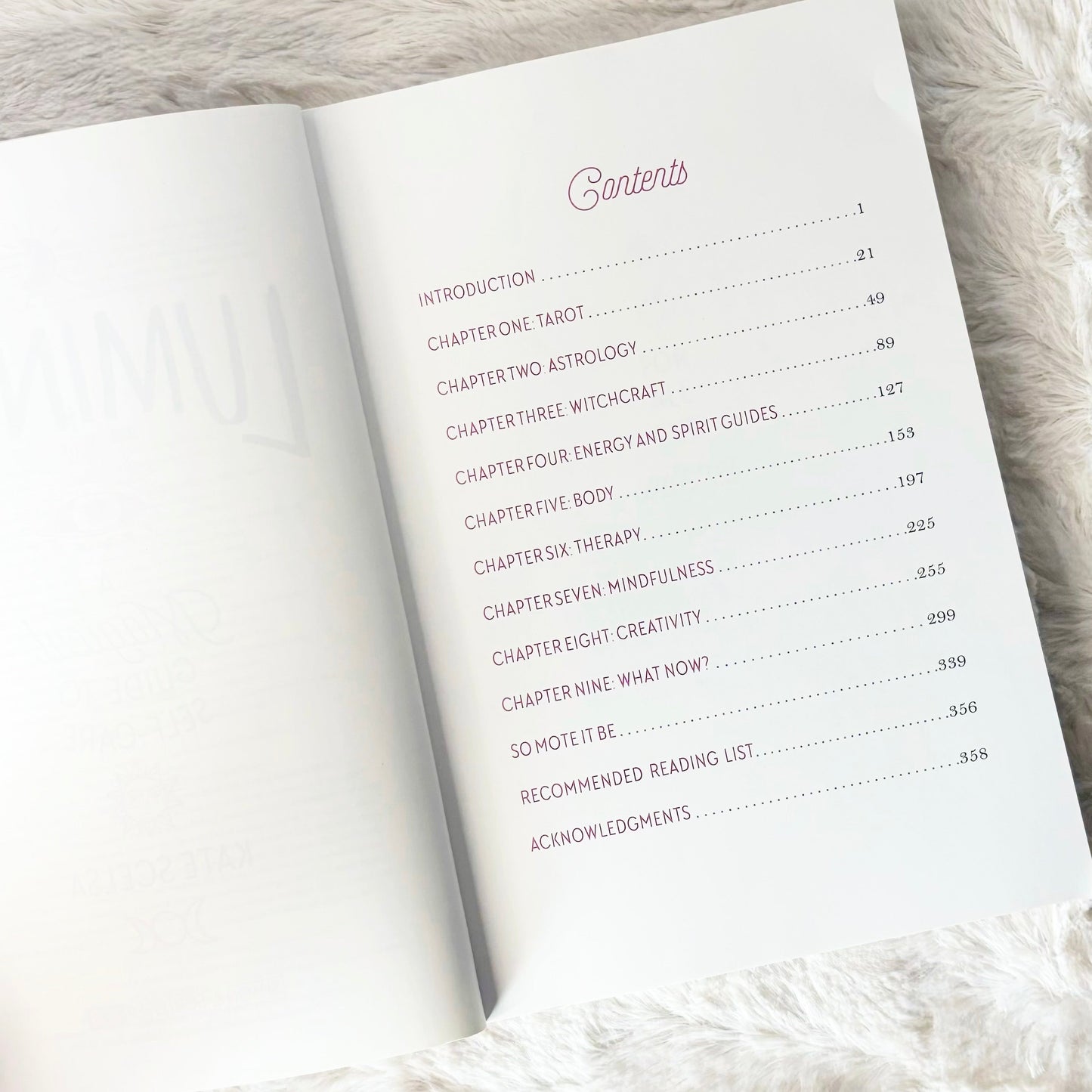 Contents page of the book "Luminary" on a white background