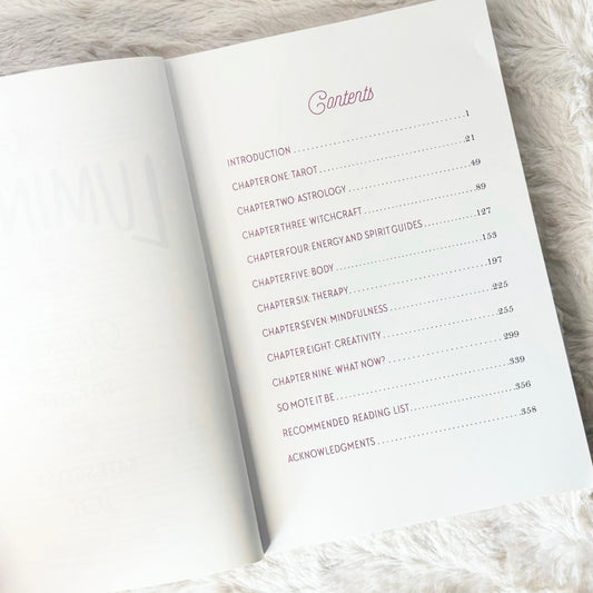 Contents page of the book "Luminary" on a white background