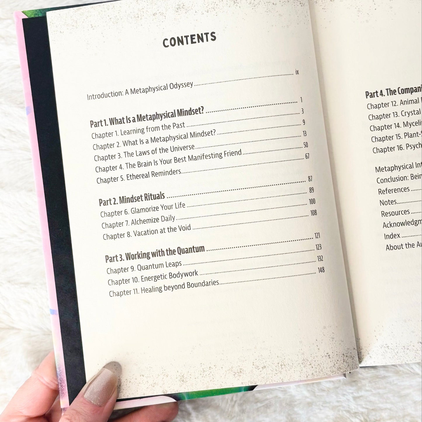 Contents page of the book "Metaphysical AF" on a white background