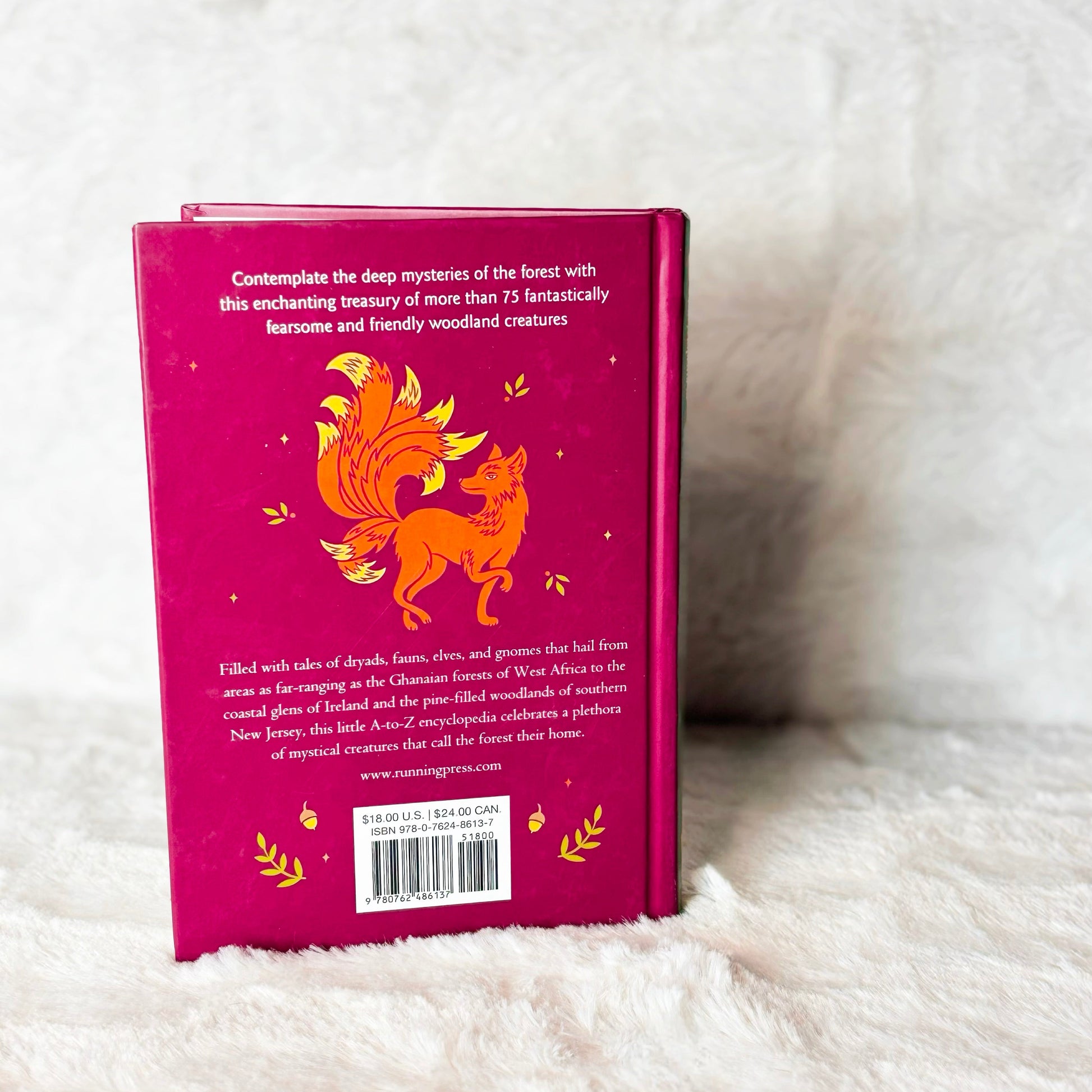 Back of the book  "The Little Encyclopedia of Enchanted Woodland Creatures" on a white background