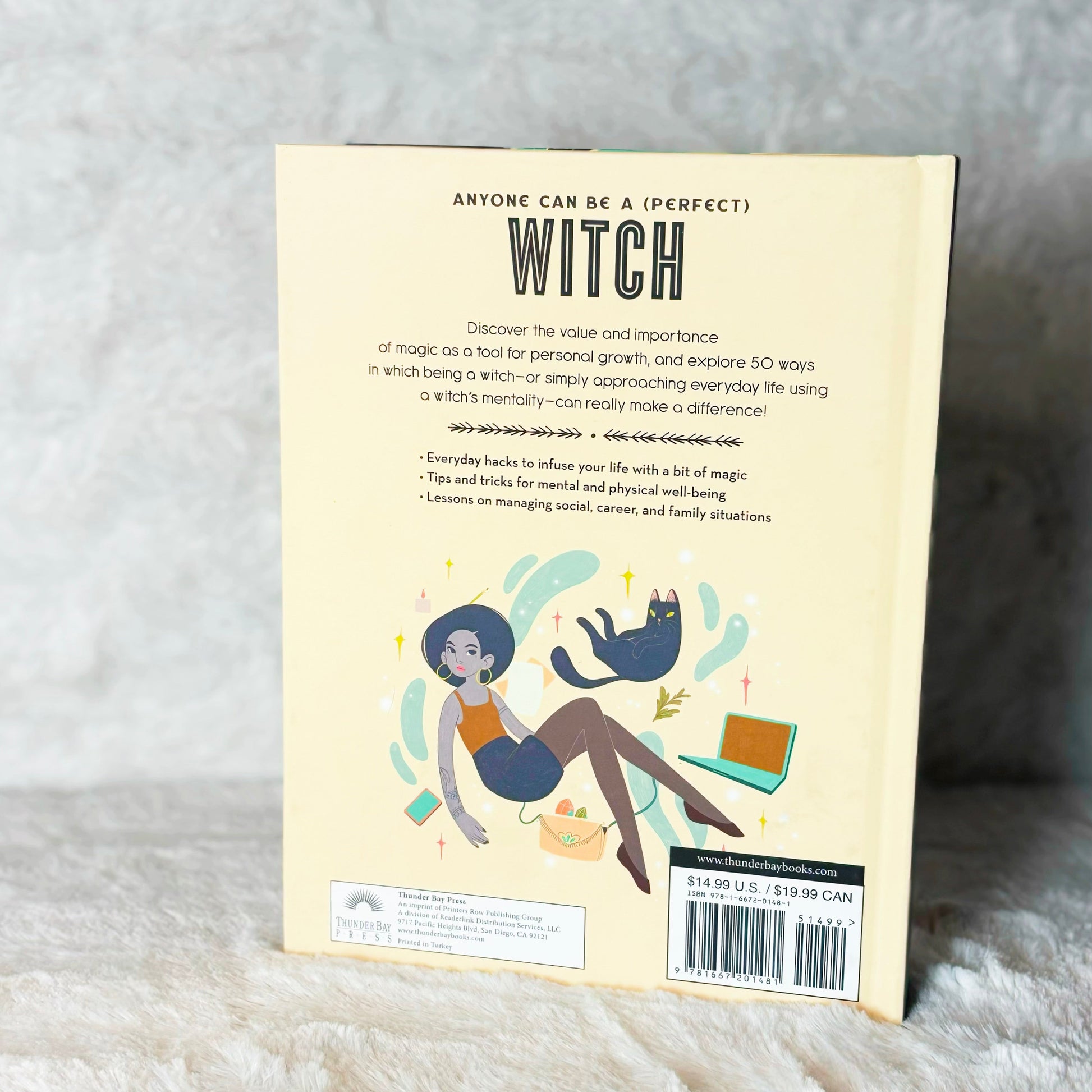 Back of the book "Anyone Can Be a (Perfect) Witch" on a white background