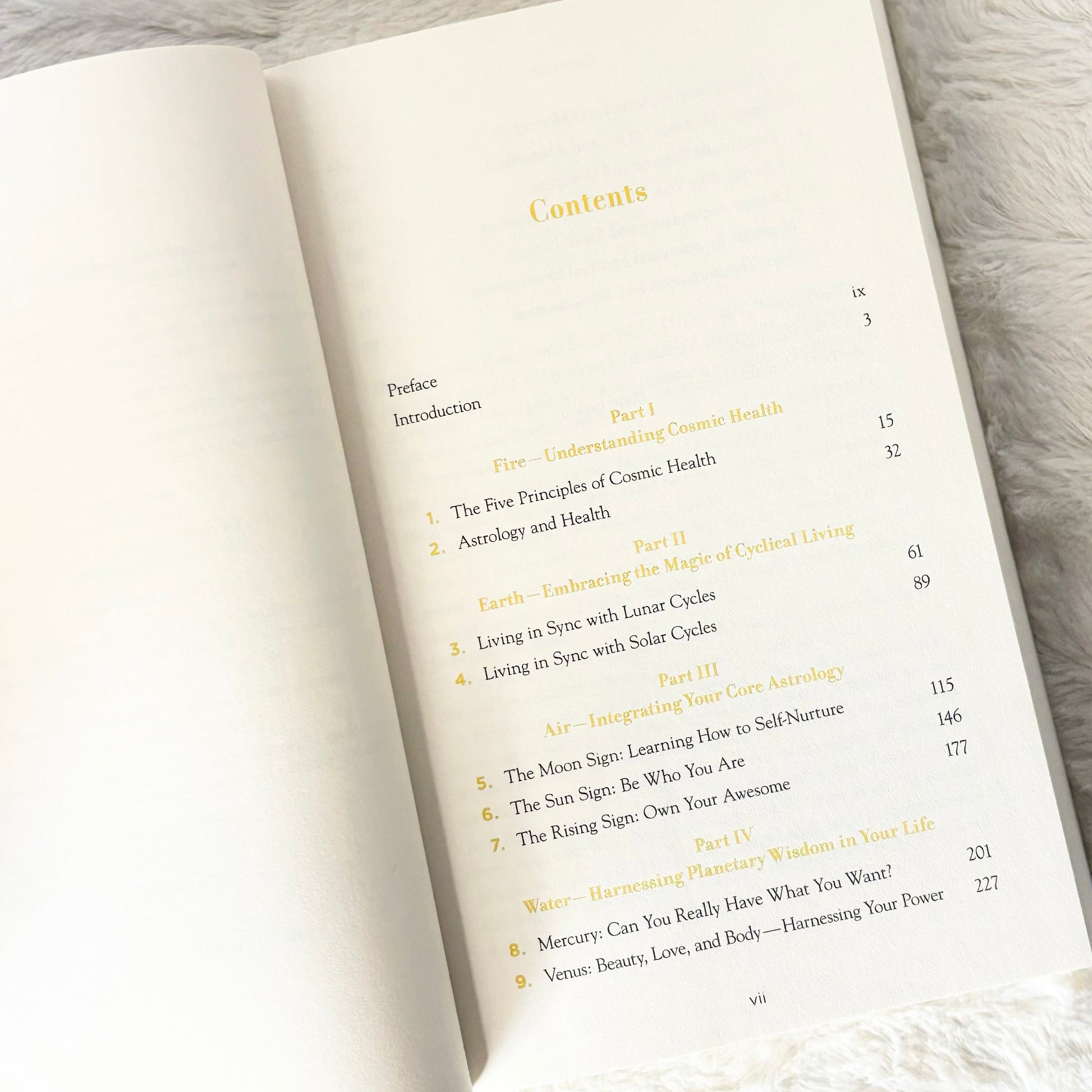 Contents page of the book "Cosmic Health" on a white background