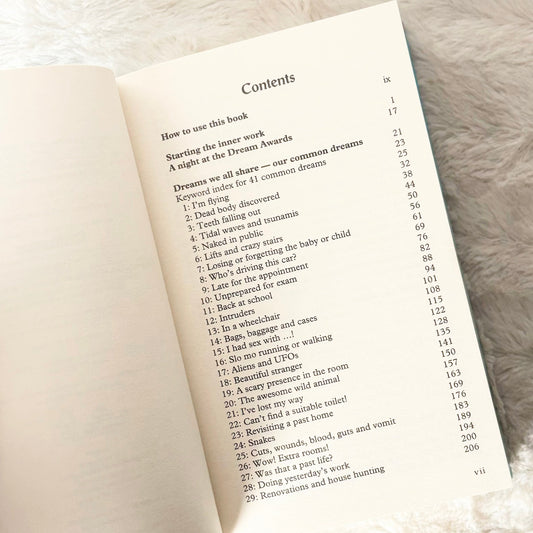 Open book with a table of contents on a fluffy white surface