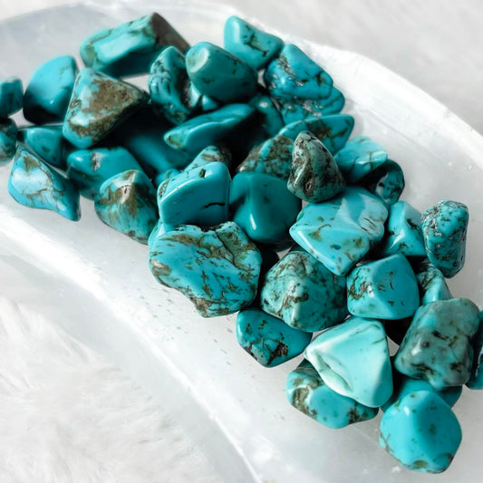 Raw turquoise-colored stone chips arranged in a clear crescent-shaped dish on a soft white faux-fur surface.