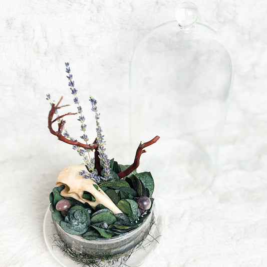 A decorative arrangement in a small metal bowl featuring green leaves, purple flowers, brown branches, and a cream animal skull, displayed on a white textured surface with a clear glass cloche behind it.