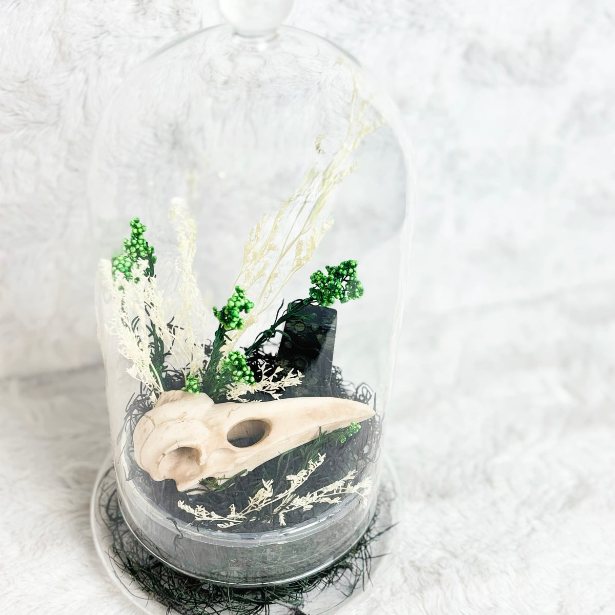 A clear glass cloche dome with a rounded top, containing a small decorative scene with a cream skull, green glittery faux trees, dried white grasses, and dark moss on a white textured fabric background.