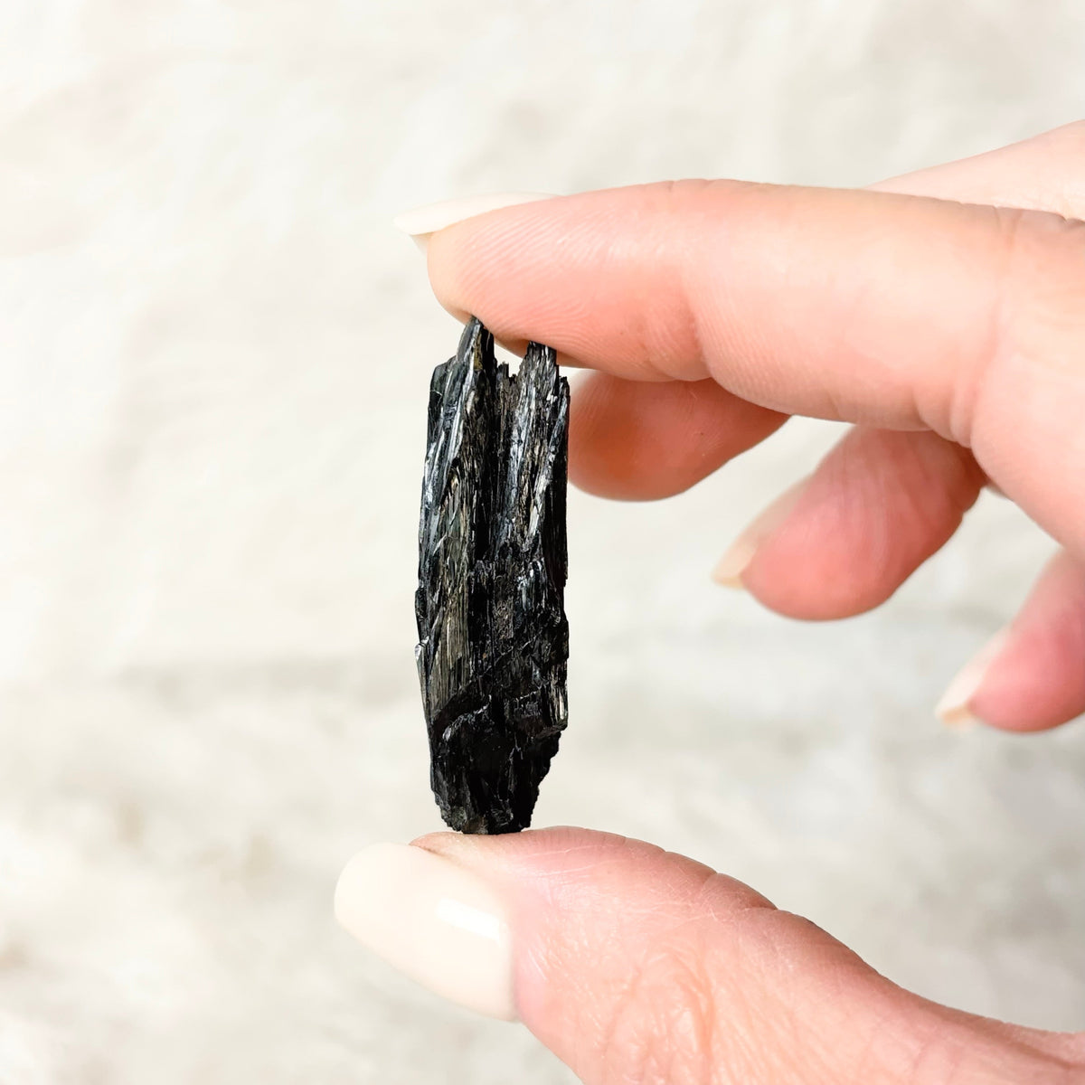 Hand holding a Vivianite specimen on a white background