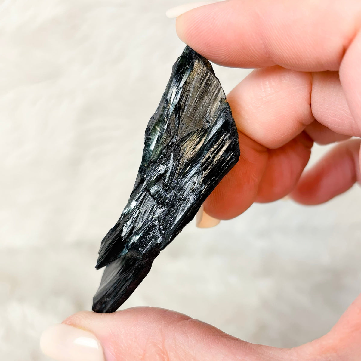 Hand holding a Vivianite specimen on a white background