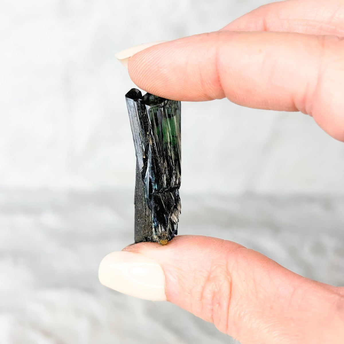 A hand holding a small, rough, dark green and black flake crystal against a soft, light gray textured background.