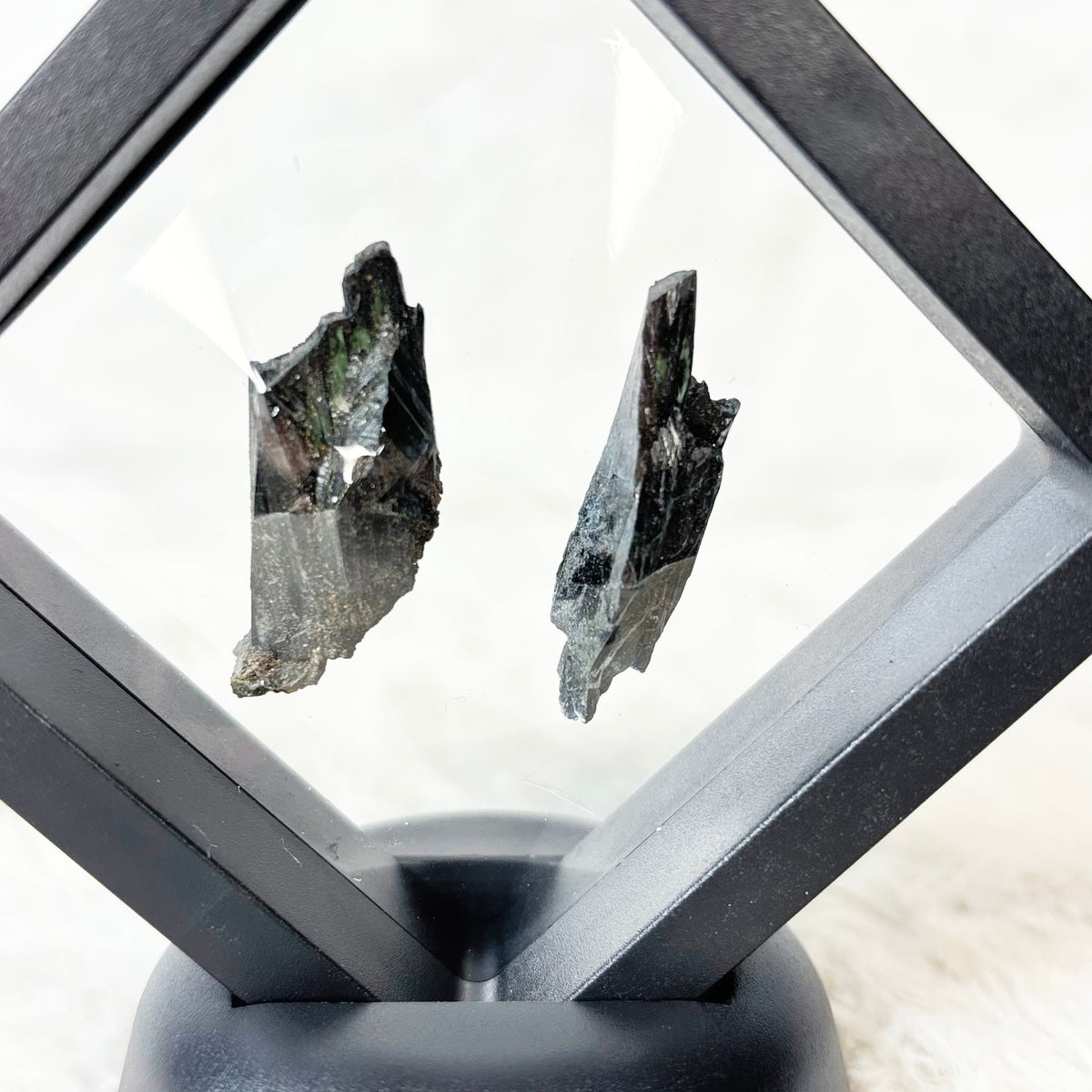 Framed Vivianite specimens on a white background