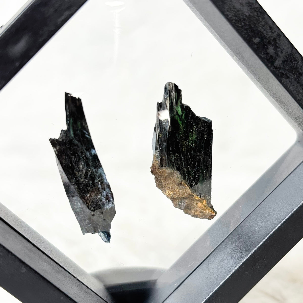 Framed Vivianite specimens on a white background