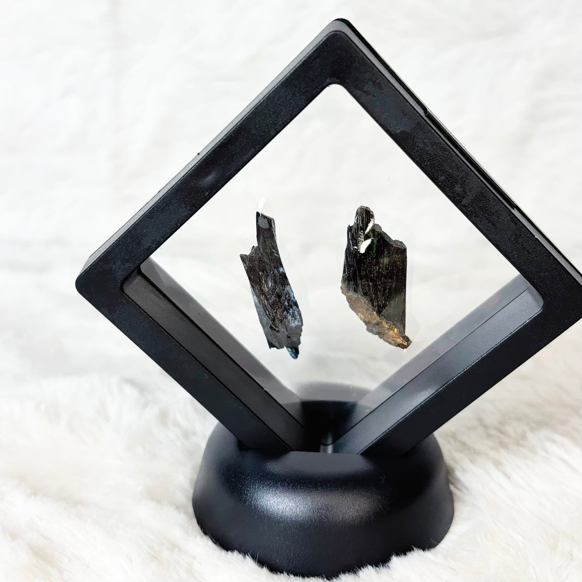 Framed Vivianite specimens on a white background