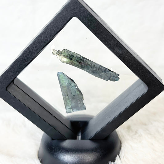 Framed Vivianite specimens on a white background
