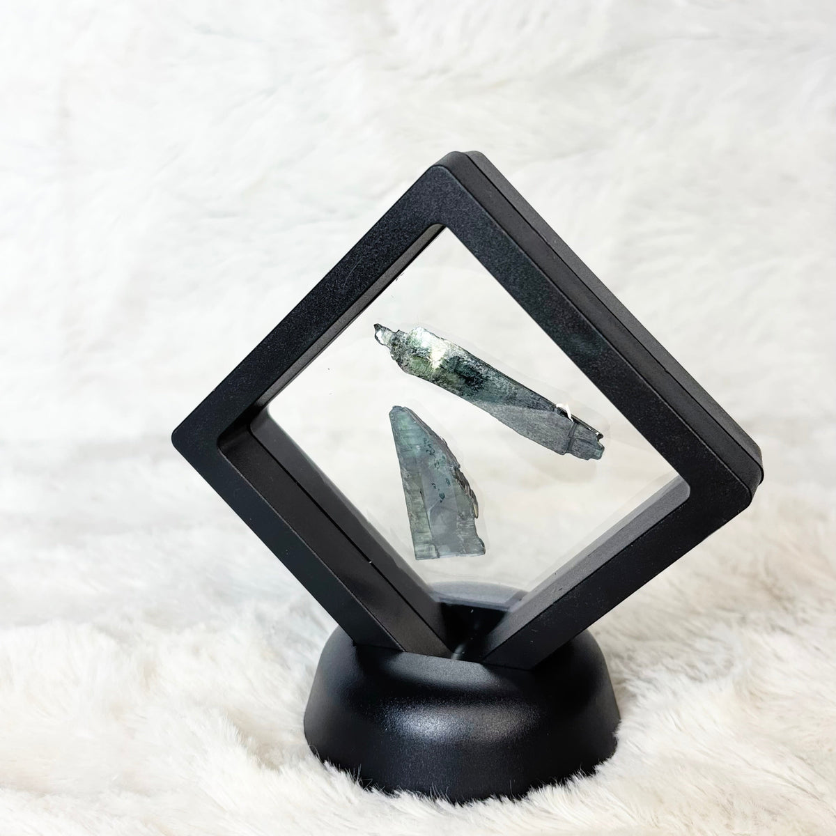 Framed Vivianite specimens on a white background