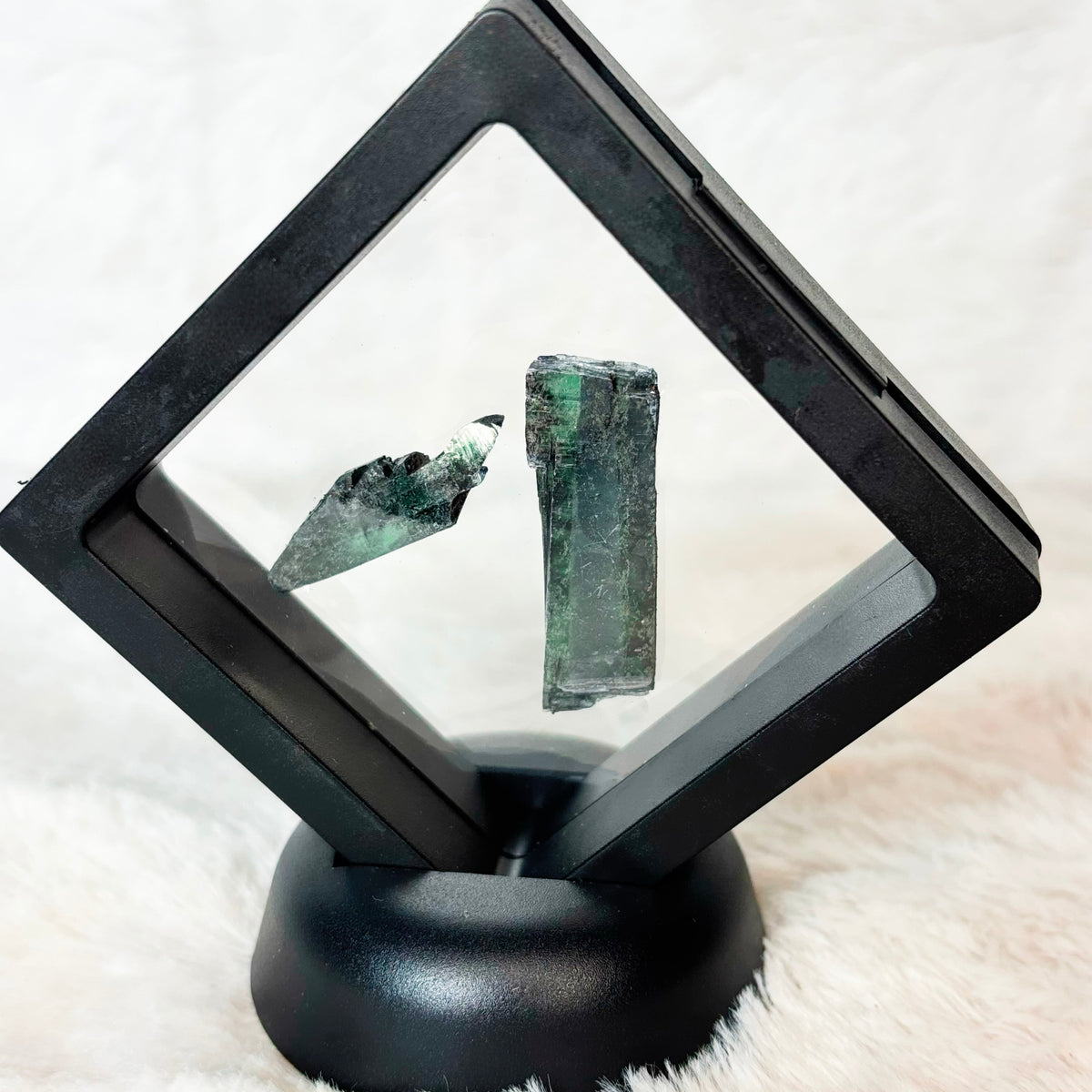Framed Vivianite specimens on a white background