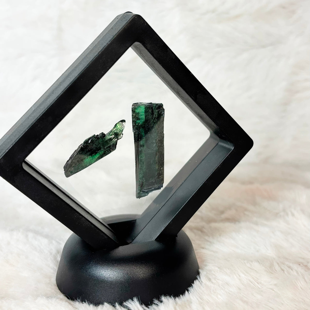Framed Vivianite specimens on a white background