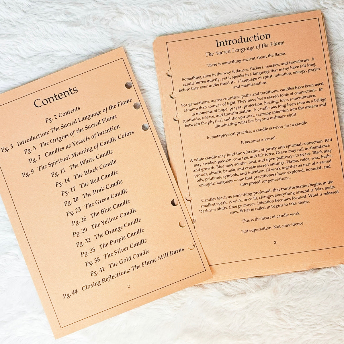 Two printed booklet pages laid flat on a white textured fabric background. The left page shows a contents list, and the right page shows an introduction section.