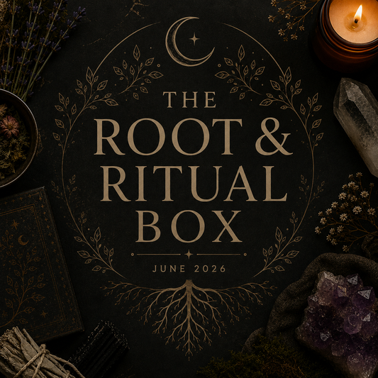 Promotional image for 'The Root & Ritual Box' with decorative elements on a dark background.